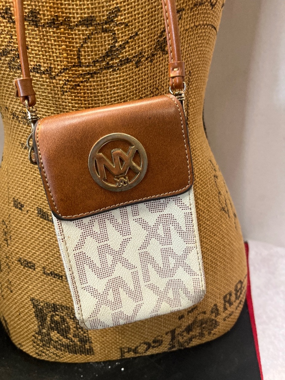 NX Signature Monogram Studded Crossbody wallet Cream Beige Gold Tone mini Purse